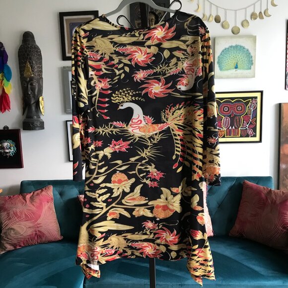 LILY by Firmiana size L Colorful Asian Bird Print Stretch Jersey A-Line Tunic - Picture 3 of 5